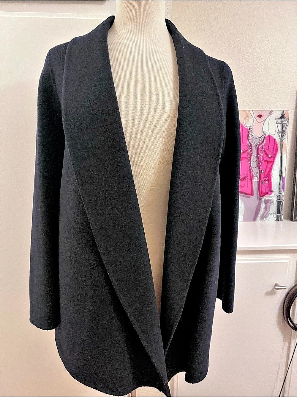 Theory Navy Wool Blend Swing Jacket Coat Open Front Shawl Collar Side Pockets